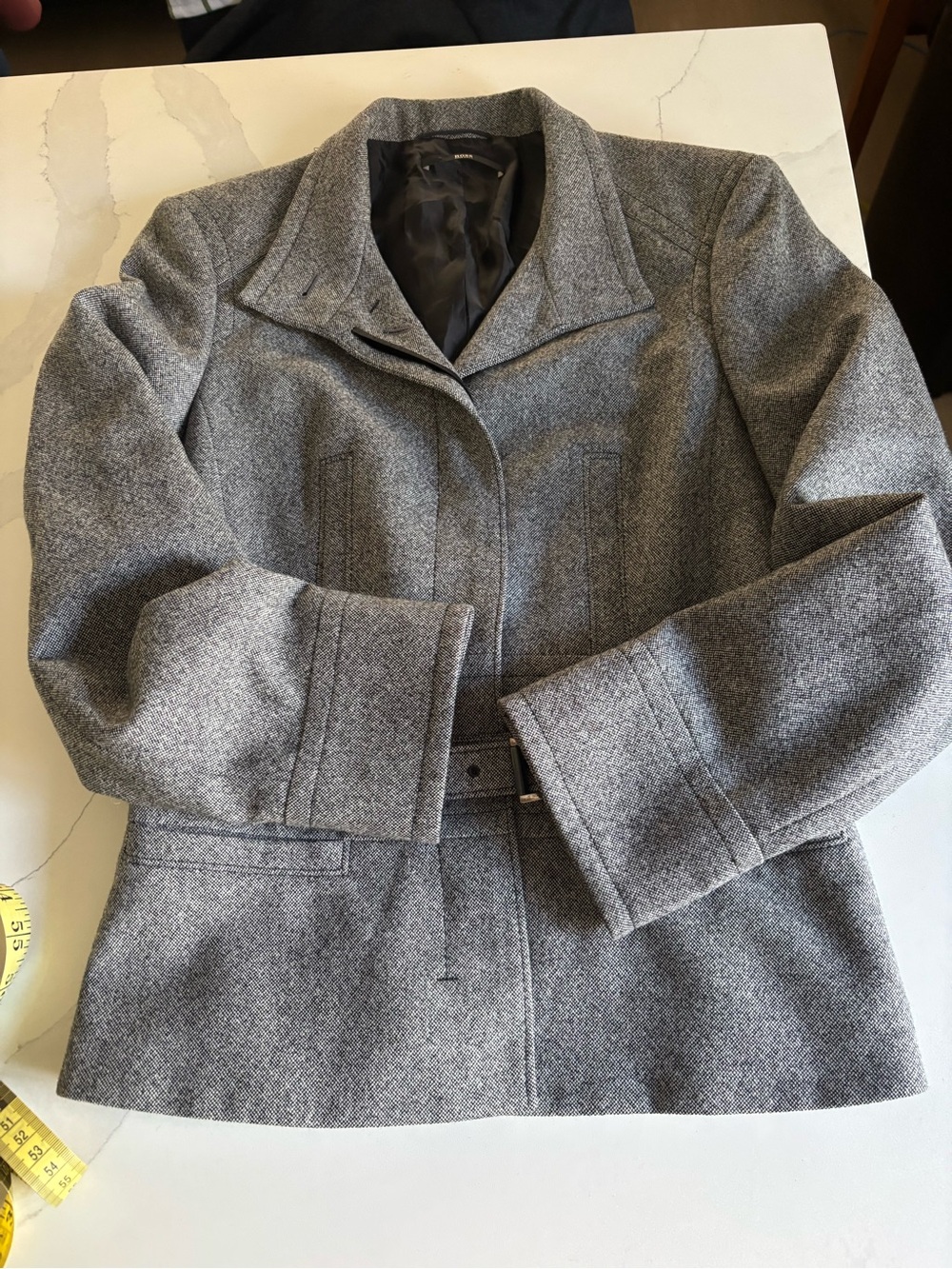 Hugo Boss Gray Tailored Wool-Blend Belted Jacket